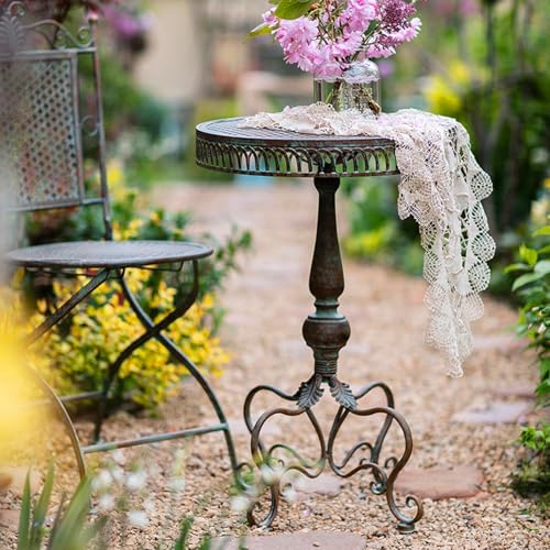 Juego de mesas auxiliares de metal resistentes a la intemperie con silla de jardín, pequeña mesa redonda para uso en interiores y exteriores, mesa auxiliar perfecta para patio, porche, balcón, soporte