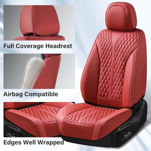 Image of Coverado Car Seat Covers Full Set, Waterproof Nappa Leather Seat Covers for Cars, Front and Back Car Seat Protector, Luxury Car Seat Covers, 5 Seats Universal Red Car Seat Cover Fit for Most Cars