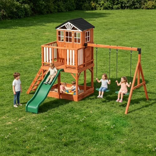 Outdoor Wooden Swing Set for Kids,8 in 1 Playground Set with Sandbox & Play Kitchen, 2-Seat Swing, Wave Slide, Corner Seats, Backyard