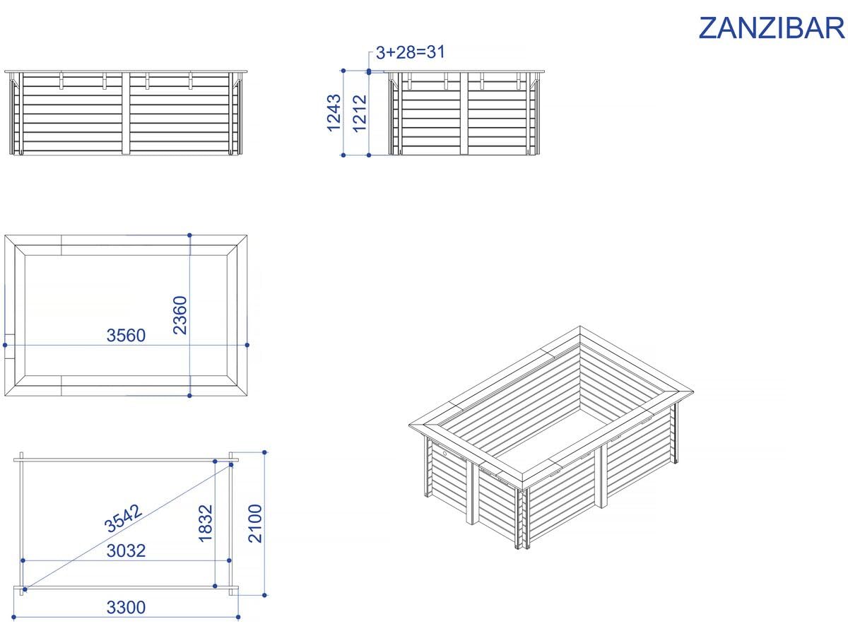 Piscine Bois Rectangle Zanzibar - 3,50 x 2,30 x 1,24 m