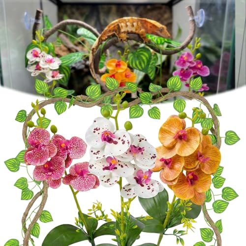 Funtinshdy 5 Pcs Reptile Plants & Habitat Decor Kit - 3 Artificial Phalaenopsis Orchid & Large 5ft Jungle Vine Branch, Terrarium Tank Decor & Climbing Accessories for Crested Gecko, Bearded Dragon