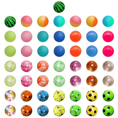 MEMOFYND 50 bolas de goma surtidas, pelotas de souvenir, pelotas de saltar, pelotas antiestrés, pelotas de juguete, pelotas de goma coloridas, ideales para cumpleaños infantiles