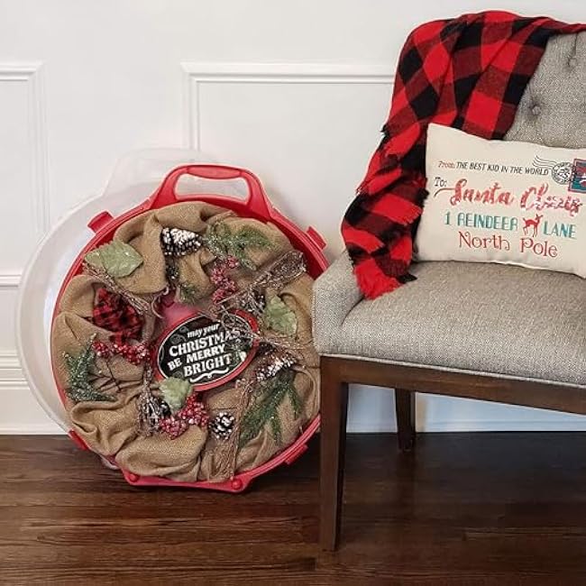 HOMZ 3-Pack Seasonal Holiday Decorative Wreath Storage Organizer, 24 Inch, Red & Clear - Round Plastic Christmas Decoration Holder for Wreaths and Garlands w/ 4-Way Latches Built-In Handle