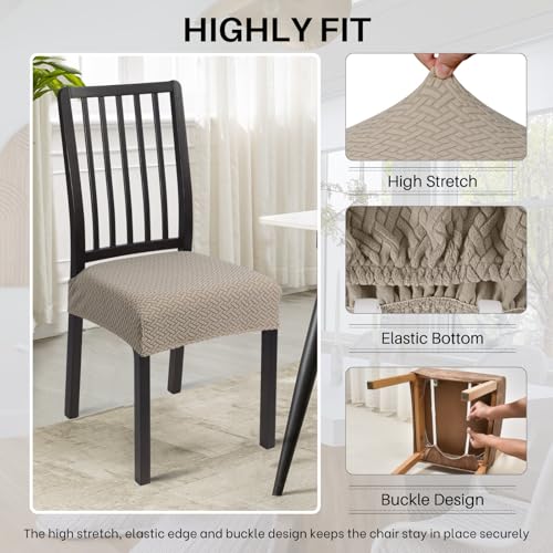 Image of SearchI Stretch Dining Chair Seat Covers Set of 6, Soft Removable Washable Seat Covers for Dining Chairs, Dining Room Seat Cover Protector (Rear-Covered, Twill Jacquard Taupe)