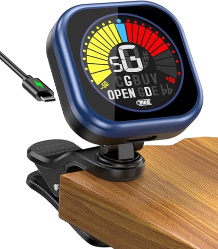 Image of New Bee Guitar Tuner Clip-On Rechargeable with Color Screen 360 Rotatable Acoustic Chromatic Open Tuning for Guitar, Bass, Ukulele, Violin (Blue, 1 Pack)