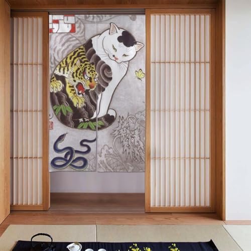のれん 和風 浮世絵 猫柄 間仕切り おしゃれ 遮光 目隠し 暖簾 ドアカーテン 北欧 厚手 断熱防寒 インテリア リビング キチン ロング カーテン 玄関 飲食店 出入り口 洗面所 台所用 四季兼用 86x143cm