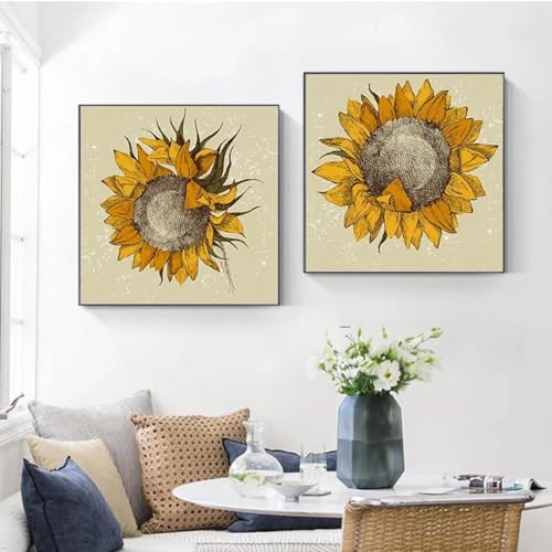Toile peinture mur art photos de tournesol scandinave minimaliste jaune fleur botanique 80x80