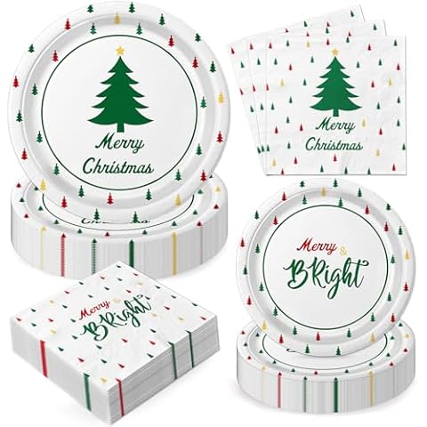 Oigco Christmas Paper Plates and Napkins Set, Christmas Plates Disposable for Christmas Xmas Holiday Party Decor Serve 50 Guests, Christmas Tree Paper Plates Cover