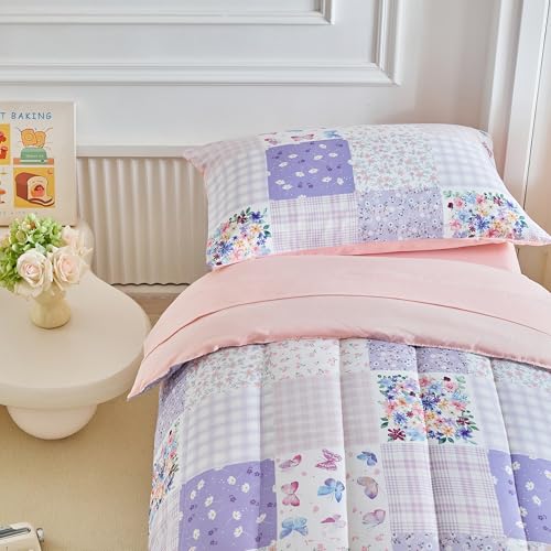 Image of Joyreap 4 Piece Toddler Bedding Set- Pink n Purple Floral Butterflies Patchwork Design, Microfiber Toddler Bedding Comforter Set for Girls