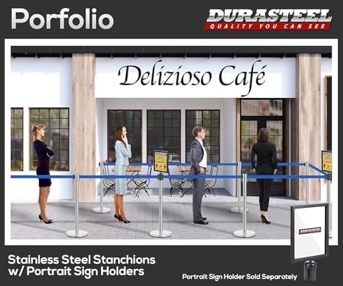 Image of DuraSteel Chrome Crowd Control Barriers Stanchions with Retractable Belts - Metal Stanchion Posts w / 6.5ft Blue Retractable Barrier Belt Ropes - Queue VIP Safety Line Dividers - Set of 2 Stantions