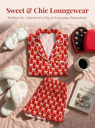 Image of KevaMolly Women Novelty Knotted Candy Cane Christmas Pajama Set | Christmas Floral Bow Print PJ Set, Button Lapel Knotted Drawstring Shorts with Convenient Side Pockets