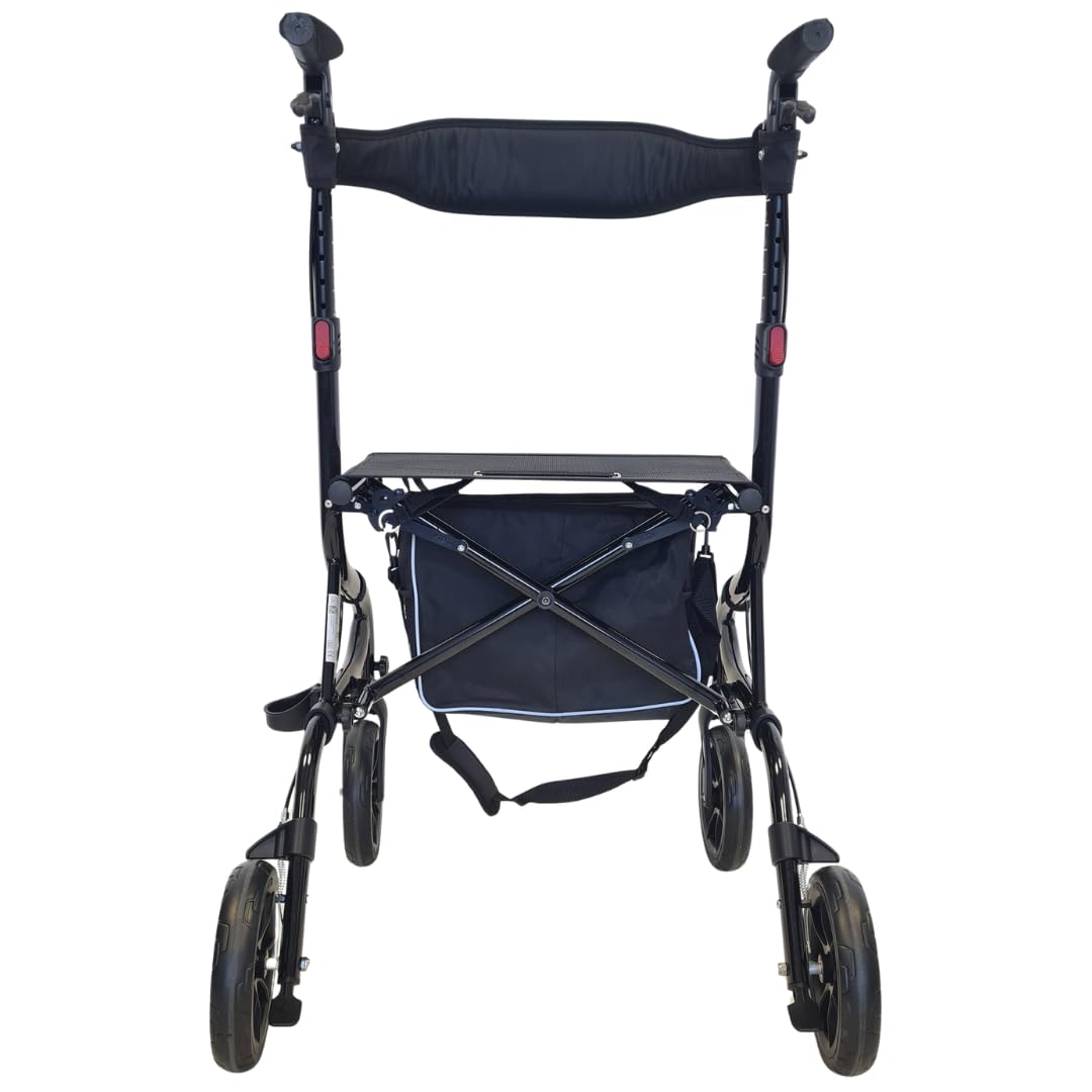 abc HOME Ultra-Leichtgewicht Rollator 6 kg – Aluminium Gehwagen klappbar bis 130 kg – Reise-Rollator mit Ankipphilfe, Sitz & Tasche – 5-fach höhenverstellbar – Schwarz (Nobles Schwarz)