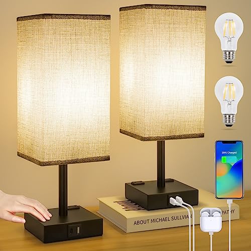 Soilsiu TD-018S Bedside Table Lamps Set Of 2 - Touch Nightstand Lamp For Bedroom With Usb C+A Charging Ports & Ac Outlets, 3-Way Dimmable Desk Lamp Grey Fabric Shade thumb #6