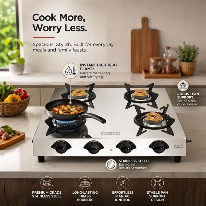 Image of Vidiem Victor Stainless Steel Gas Stove 4 burner| Brass Burners | Mirror Finish | Large Cooking Space | Anti-Rust | High Efficiency | ISI Certified | 5 Year Warranty