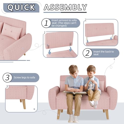Image of Shintenchi 48'' Loveseat Sofa, Mid-Century Modern Upholstered Couch Deep Seat with 2 Pillows, 10 inch Thick Cushion with Spring, Solid Wood Frame Small Couch for Living Room, Bedroom, Dorms & Office, Pink