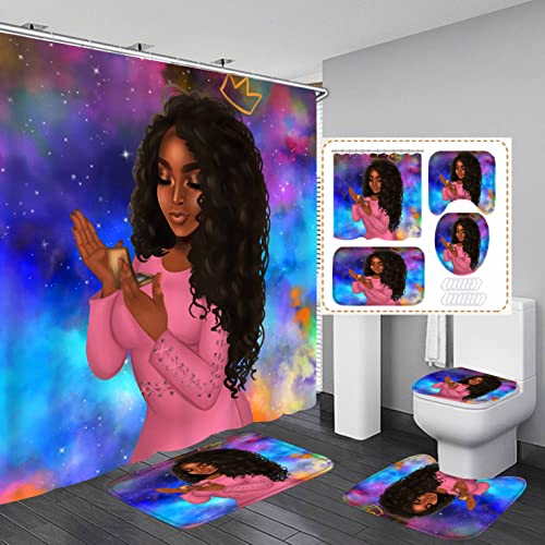 African American Shower Curtains For Bathroom, Black Girl Bathroom Sets With Shower Curtain And Rugs And Accessories, 4Pcs Colorful Bathroom Decor Sets (Violet) #TOP21