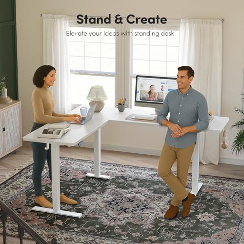 Image of BANTI L-Shaped Standing Desk - 75 x 63 Inch Adjustable Corner Standing Desk with Charging Station - L Shape Sit Stand Table with Memory Controller, Splice Board for Home Office, White