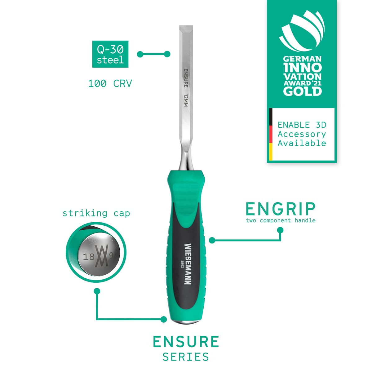 Juego de formones para madera 6pzas de Q30 acero inoxidable 6, 10, 12, 18, 25, 32mm con práctico maletín de WIESEMANN 1893 I ENSURE Serie I 81284