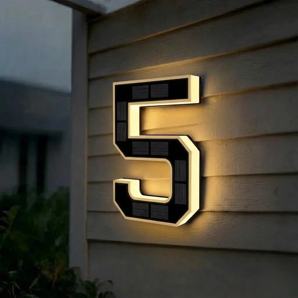 Solar House Numbers for Outside, 4.7"/6.7"/9" LED Lighted Address Sign for House, IP65 Waterproof Illuminated Modern Numbers, Dusk to Dawn Auto-Glow for Home Mailbox Yard(5-Black,9")