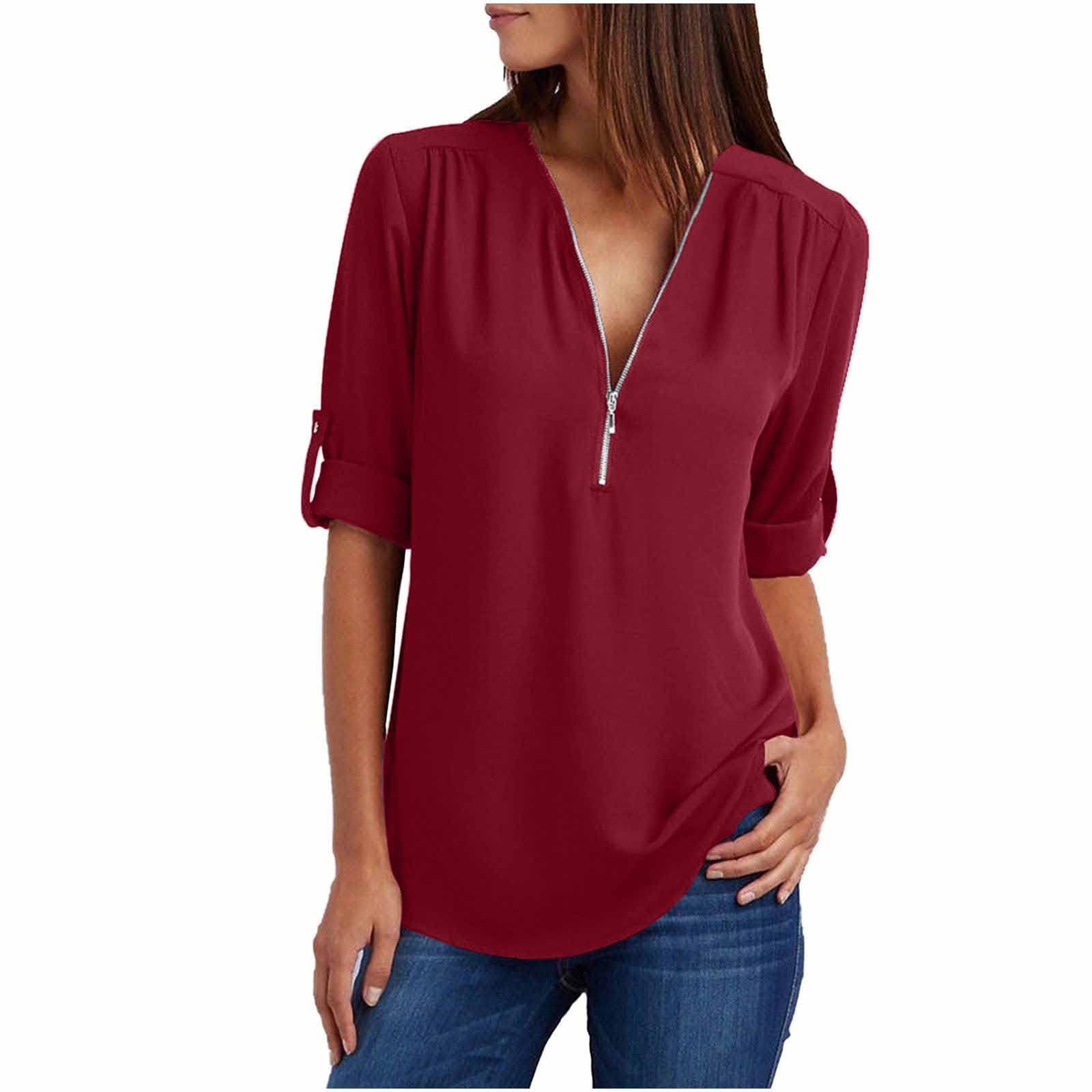 Women Zipper V Neck Business Blouse Cuffed Long Sleeve Tops Casual Solid Color Tee Shirt Chiffon Work Tshirts