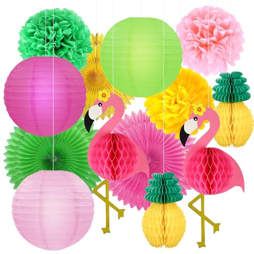 Décoration Fête Thème Flamant, Flamant été DéCoration FêTe Jardin, 3 éventails Papier, 3 Pompons Décor, 2 Nids Abeille Flamant Rose, 3 Lanternes, 2...