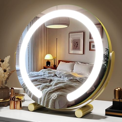 ROLOVE Gold Vanity Mirror with Lights, 12 Inch 3-Color Dimmable Smart Touch Makeup Mirror for Desk, 360° Rotation Tabletop Lighted Mirror for Bedroom, Dressing Room & Daily Grooming