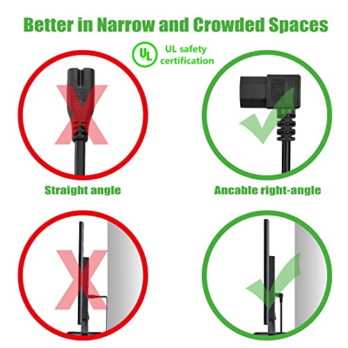 3 Prong Left Angle Power Cable 3Ft  Heavy Duty Ac Cables Forc13 Angle Type Cable, ​90 Degree Power Cable, Pc Monitor Tv,3 Pin Connector, Universal Power Cord, Computer Left Angle Power Cord,18 Awg #TOP5