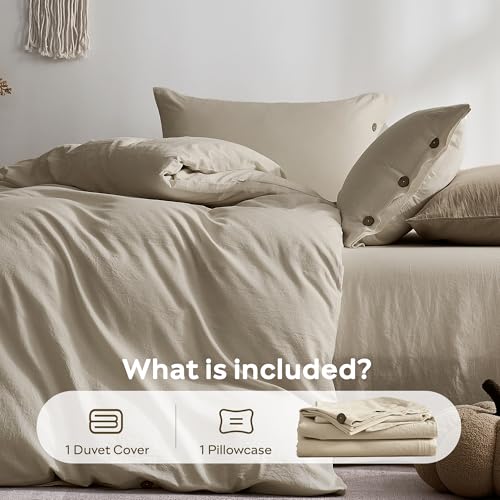 Image of JELLYMONI Washed Cotton Duvet Cover Twin, 2-Piece Oatmeal Bedding Set | 100% Washed Cotton, Linen-Look Texture, Oeko-Tex Certified, 8 Corner Ties & Button, Multi-Scene Use