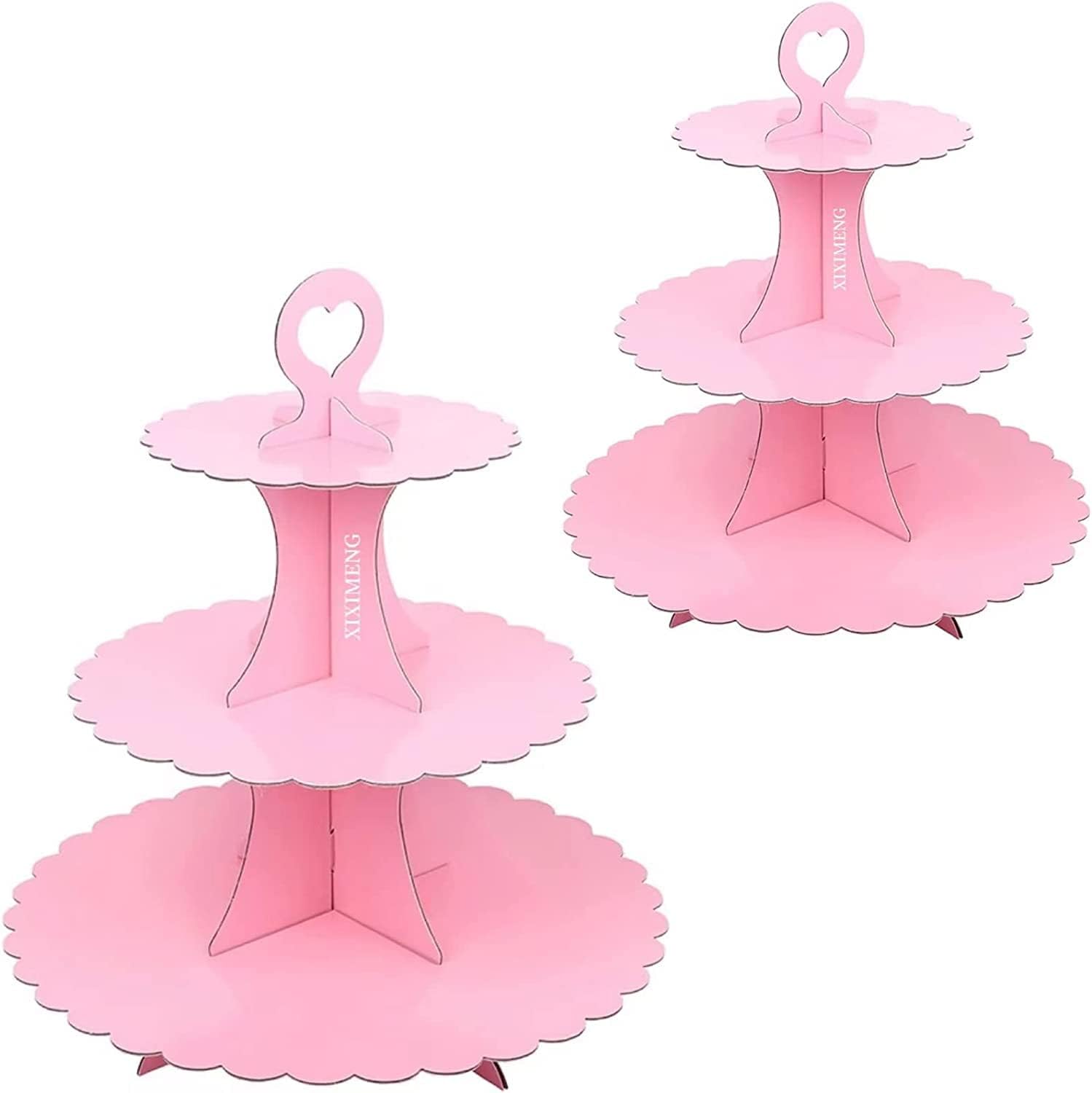 2 Pack Cardboard Cupcake Stand 3- Tier lace Edge Dessert Stand, Cardboard Cupcake Stand (A-Pink)
