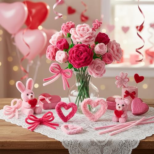 Image of Caydo 300 Pieces Pink Pipe Cleaners, Thick Fluffy Chenille Stems Bulk for Arts & Crafts Making and Home Decorations