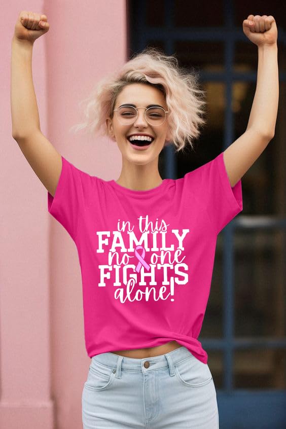 Breast Cancer Awareness Shirt Women: in This Family No One Fights Alone Shirt Breast Cancer Gifts Pink Short Sleeve Tops4