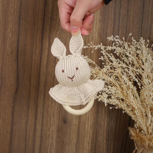 Image of mimixiong Cotton Baby Blanket Knitted Crochet Receiving Crib | Nursery Swaddling Blankets for Newborn Baby Boy Girl with the Bunny Rattle Snow white