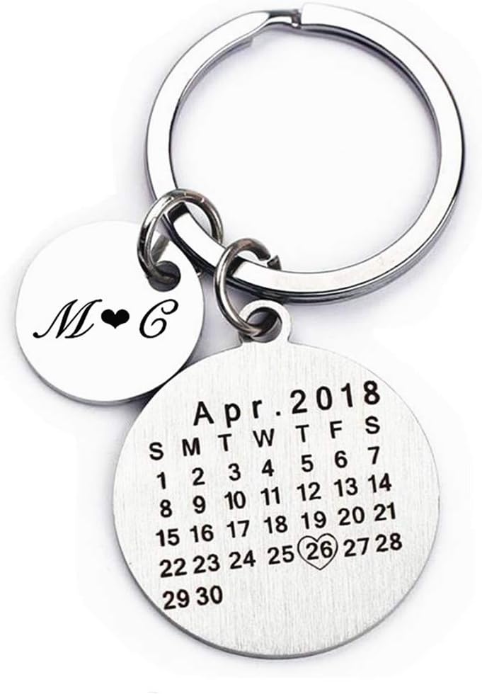 Kooer Personalized Engraved Calendar Key Chain Necklace Engrave Special Day Key Ring Gift For Couples