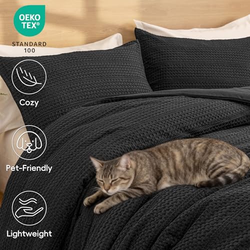 Image of PHF Soft Waffle Comforter Set King Size- Comfy Breathable Waffle Weave Comforter with 2 Pillow Shams, 3 Pieces Less Snagging Lightweight Textured Bedding Set for All Season, Black