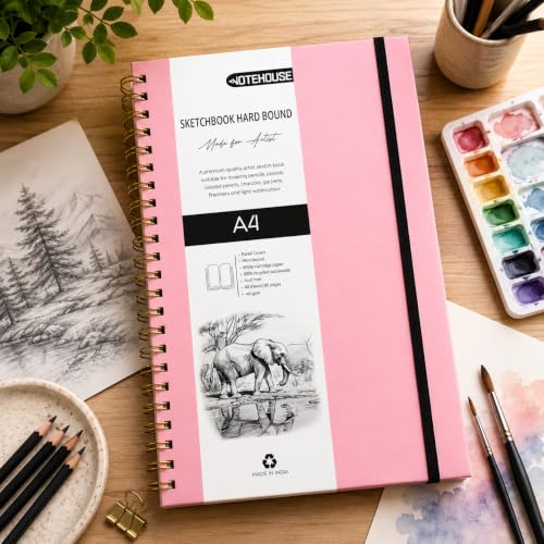 Image of Notehouse A4 Sketchbook Hard Bound Made for Artist 140 GSM Art Notebook (30x21 cm) | 80 White Unruled Pages | Thick Smooth Drawing Paper | Pink Hard Cover