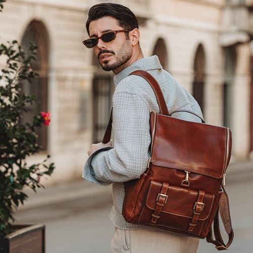Image of Time Resistance Leather Backpack - Laptop Travel Bag Rucksack up to 15 inch - Bag for Men and Women (Cognac Brown)