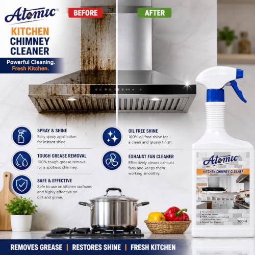 Image of Atomic Kitchen Chimney Cleaner 700ml | Powerful Grease & Oil Remover Spray | Deep Cleaning for Chimney, Filters & Exhaust Fan | Spray & Shine Kitchen Cleaner