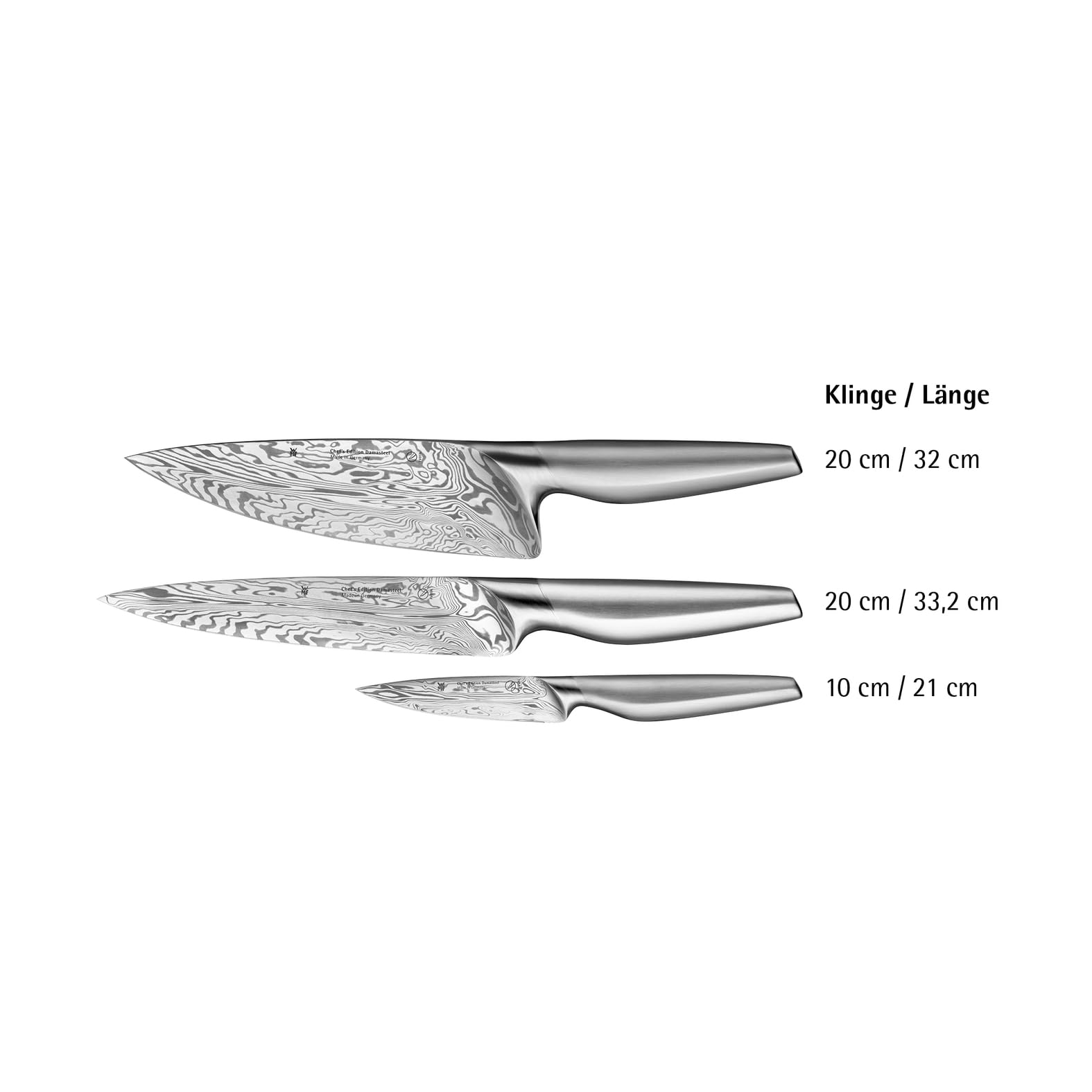 WMF Chef´s Edition Damasteel Messerset 3teilig, Made in Germany, 3 Messer geschmiedet, Küchenmesser, Performance Cut, Damaststahl 120-lagig, Holzbox