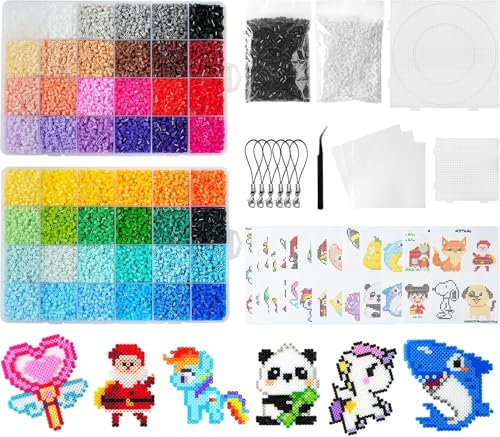 AUAUY Kit de perles fusibles, 26 000 perles en fer de 2,6 mm pour enfants, 48 couleurs, kit de perles en fer, kit de fusion de perles avec 2 panneaux perforés, 14 cartes à motifs, pince à épiler