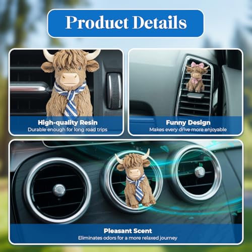 Image of GENANY 3D Resin 2 Pcs Highland Cow Car Air Freshener Vent Clip, Resin Automotive Freshener Set, Hand Painted Farmhouse Cow Designs with Pink Bow and Blue Tie, Cute Rustic Car Accessories Gift
