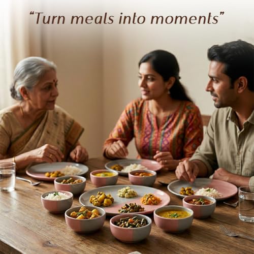 Image of The Earth Store DT Grey Pink Ceramic Dinner Set, 18 Piece Plates & Bowls Set | Microwave & Dishwasher Safe Dinnerware | Bone-Ash Free Crockery Set for Dining Table