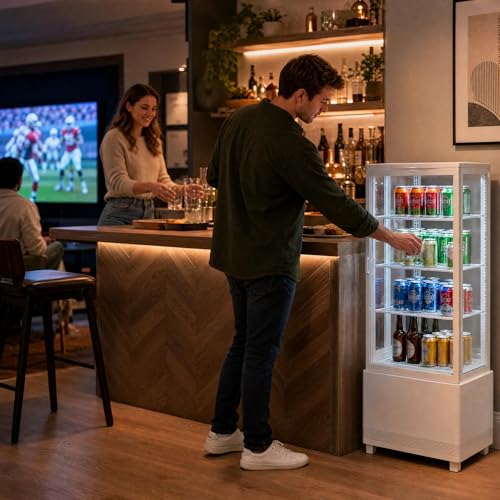 Image of Countertop Refrigerated Display Cabinet 98L, Single Door Display Fridge, Double-Layer Tempered Glass Front with Anti-Fog Defogger, 110V US Standard, White ABS Body, 20.87 x 19.09 x 47.05 in