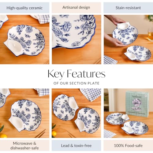 Image of Nestasia Ceramic Snack Plates Set of 2 - Serving Plate with Dip Section for Chutney | Microwave & Dishwasher Safe Shell Shaped Design for Kids & Adults - Perfect for Fries, Momos, Kebab (Blue & White)