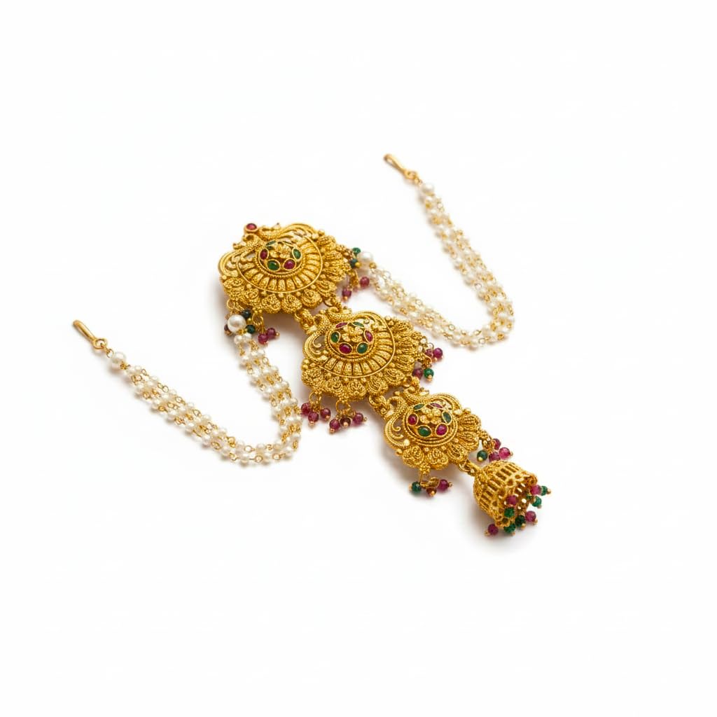 AAIKU Traditional Gold-Plated Temple Style Bridal Juda Hair Accessory with Hooks & Brooch Pins | Antique Center Pin with Ruby, Green Stones & Pearl Jhumka Drops | Maharashtrian & South Indian Classic Ornament Hair Decorative Jwellery