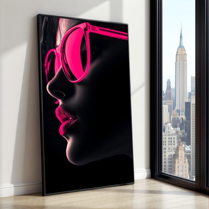 Tableau sur toile femme aux lunettes roses affiche abstraite déco nordique 65x120cm