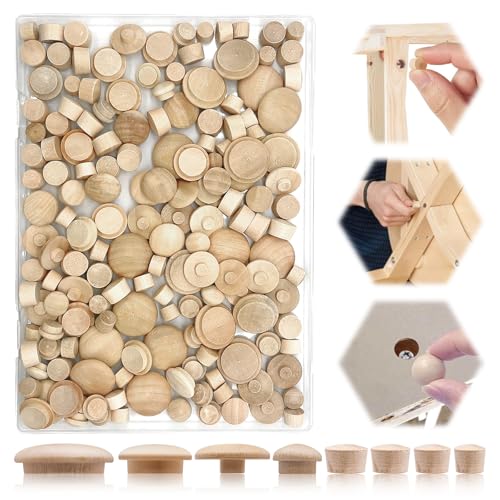 Image of 160 Pcs 2 Styles Wood Hole Plugs Assortment Set, 3 /16 Inch, 5 /16 Inch, 3 /8 Inch, 1 /2 Inch Hardwood Maple Button Cap, Flush Type Wooden Screw Covers for Decor Furniture
