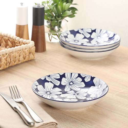 Image of Gibson Home Heritage Sky 4-Piece Pasta Bowl Set, 8 Inch Round Stoneware Bowls, Blue & White Floral Design, Decorative Everyday Use