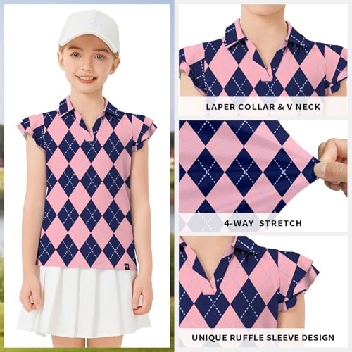 Image of Soneven Girls Ruffle Sleeve Polo Shirts V-Neck Golf Tennis T-Shirts Uniform Shirts Quick Dry for 4-14 Years