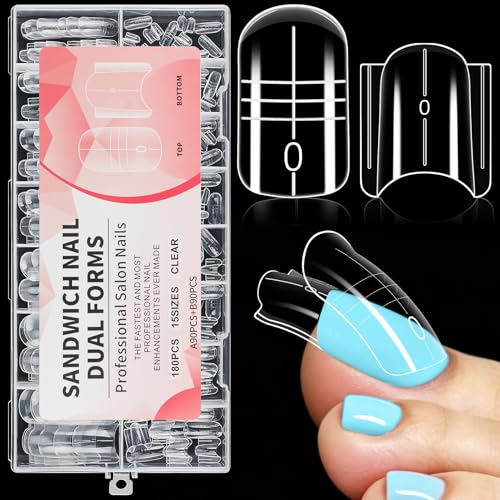 MELLIEX 180 Stück Polygel Nagelformen für Zehen, Sandwich Dual Tips Nägel für Pediküre Nagelverlängerung, Poly Gel Zehennägel Set Wiederverwendbar Nagelspitzen Form