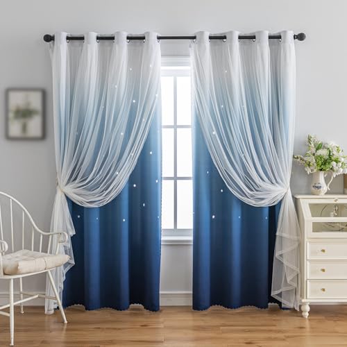 Image of indistar Colourful Stripe Star Cut-Out Blackout Curtains for Bedroom,2 Layers Mix Design of Fabric & Tulle,Pretty Window Curtain for Kids Room 1 Panel (W52 x L95 Dark Blue)